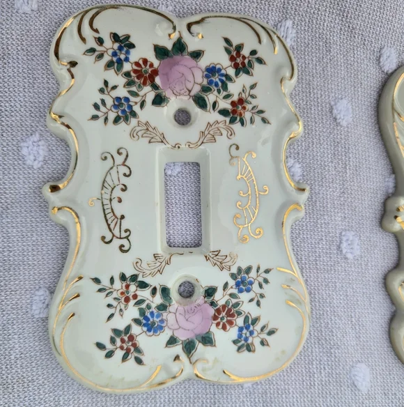 VTG Set of 5 Arnart Japan Porcelain Floral Light Switch Covers | Gold Gilt S7310 - Picture 6 of 14